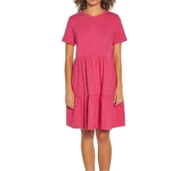🏷️ Gap Short Sleeve Tiered Slub Cotton Jersey Dress Size XXL Beetroot Pink - Picture 2 of 3